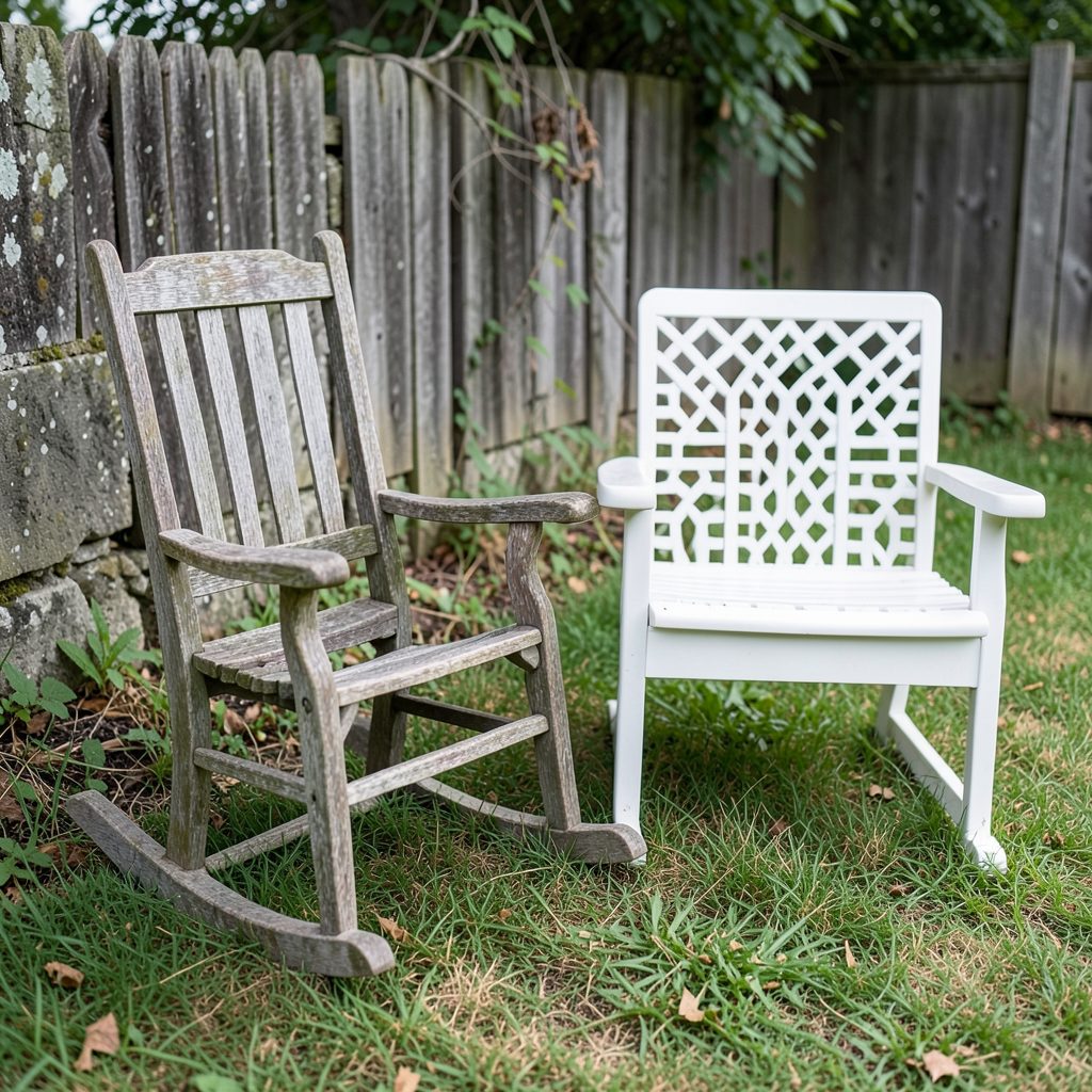 A weathered wooden rocking chair beside a white lattice-back chair on grass near a rustic fence